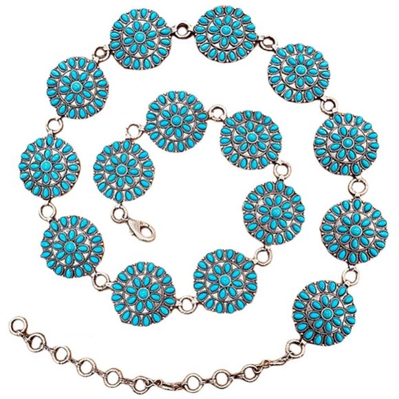 Turquoise Natural Stone Antique Metal Squash Blossom Boho Westen Style Link Belt - Picture 2 of 2